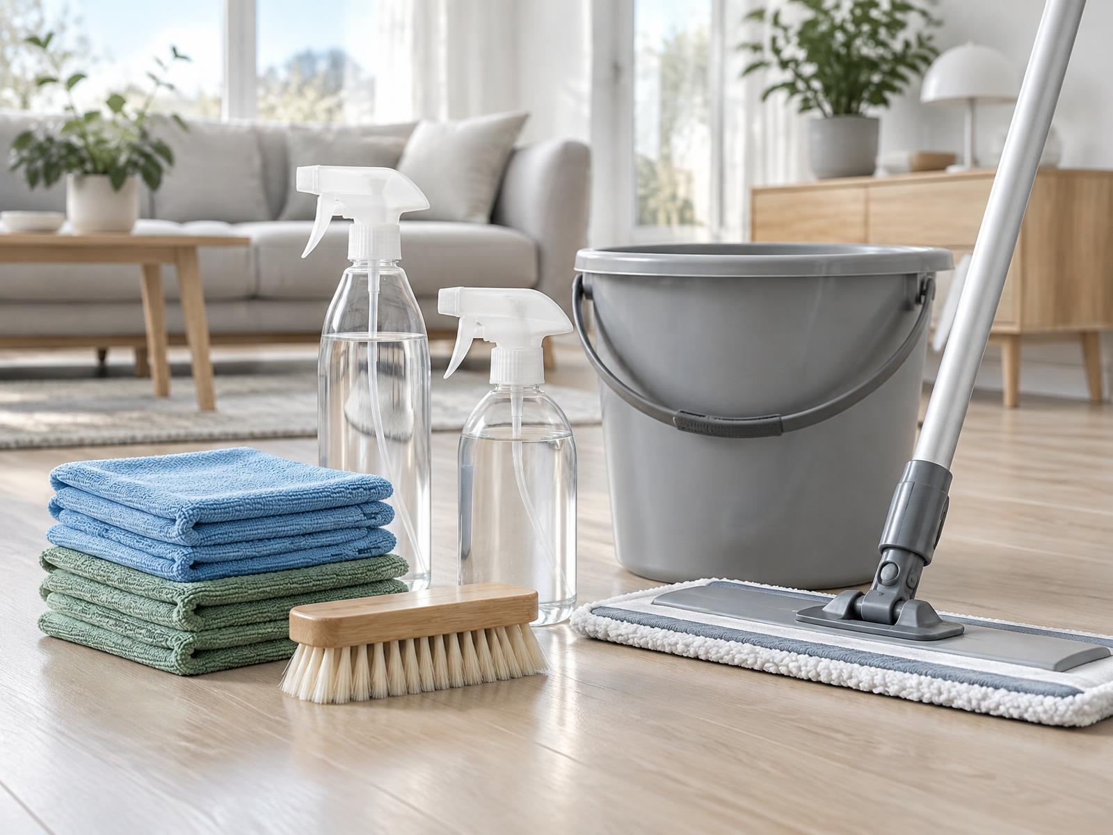 Städprodukter, mikrofiberdukar och mopp på trägolvet i ett ljust hem