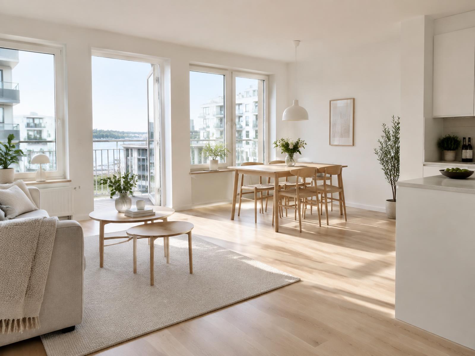 Ljust och nystädat hem i Umeå med trägolv och balkongdörr mot älven